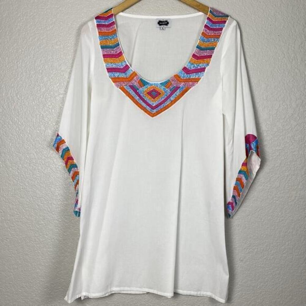 Mud Pie White Daphne Tunic Top Womens M Beaded Cover Up Dress Rainbow Resortwear